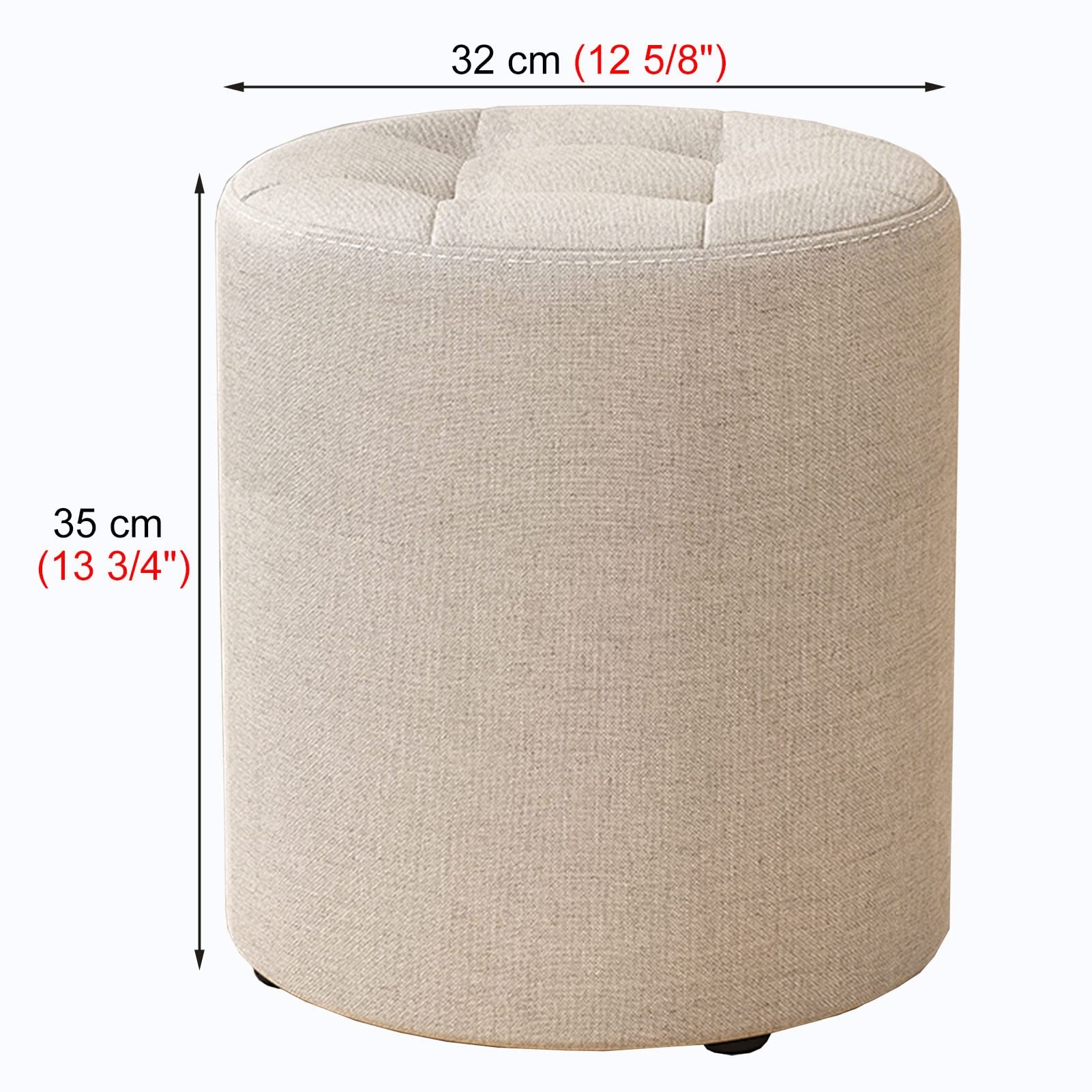 Okrągły podnóżek otomany 30 cm, duży, beżowy, wyściełany, do salonu, sypialni i przedpokoju, solidny drewniany taboret do toaletki, 150 kg