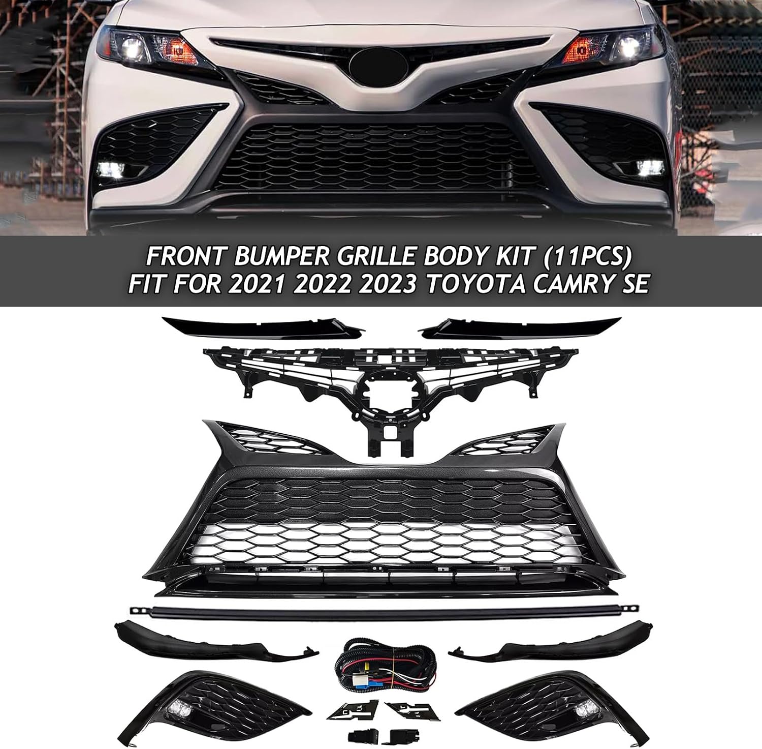 Bewild Front Bumper Grille Kit Fit For 2021 2022 2023 Toyota Camry SE Front Upper & Lower Grille + Black Trim Strips + Fog Lights Assembly w/Fog Lights(11pcs)