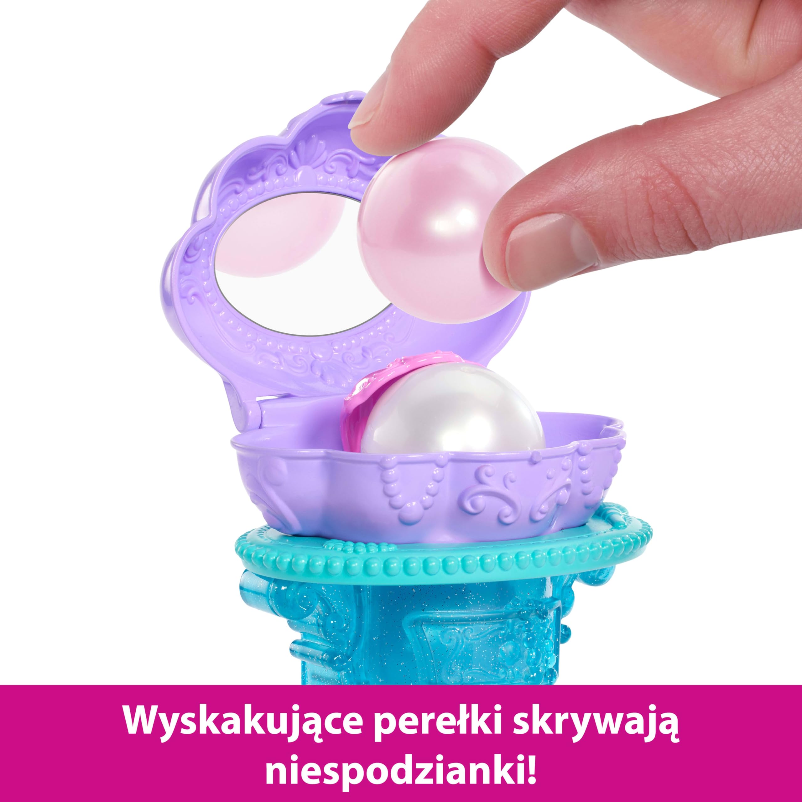 Mattel Księżniczka Disneya Arielka Muszelkowa toaletka Zestaw, lalka syrenka ze zdejmowanym ogonem, toaletka i 5 „perełek” z niespodziankami, JBF86