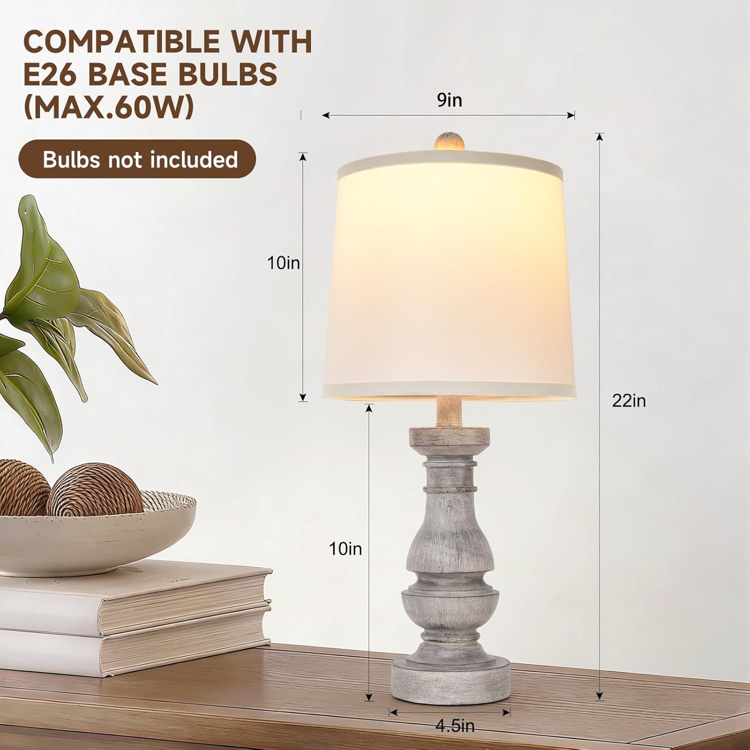2 Pack 22" Distressed Gray Resin Table Lamp, Farmhouse Bedside Lamp with 9" White Fabric Shade, 5ft Brown Cord, E26 Socket for Bedroom Living Room Office