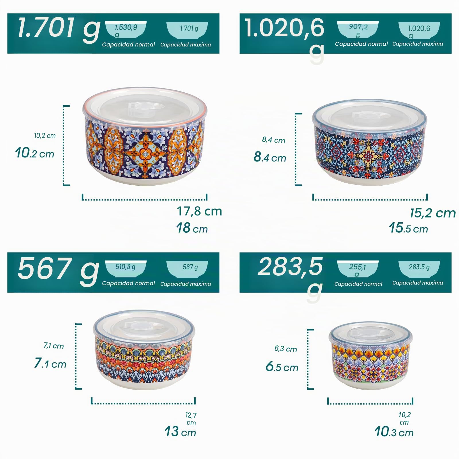 vancasso Juego de 4 Cuencos con Tapas de Porcelana - 300ml/600ml/1080ml/1800ml - Para Pasta, Ensaladas, Sopa y Almacenamiento, Apto para Microondas, Horno y Lavavajillas - Estilo Bohemio