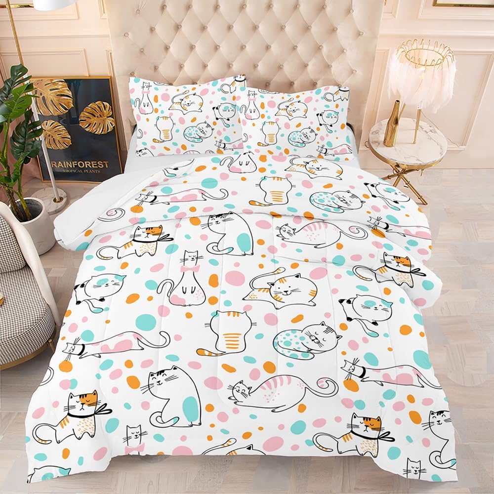 Suncloris Cute Cat Comforter Set, Black Gold Marble Cat Bedding Bedspread for Kids and Adults, Kitty Lover's Animal Themed Quilt Bedroom Decor with 2 Pillow Cases (MarbleCat, Twin)