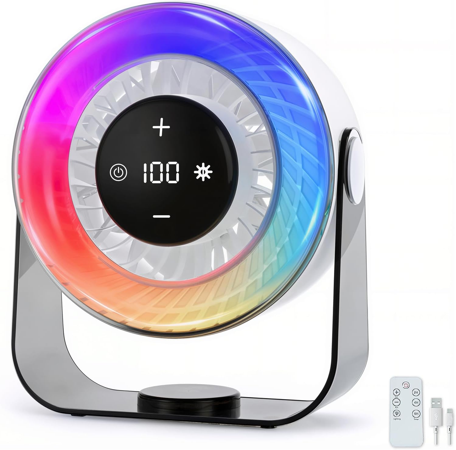 Desk Fans for Bedroom,Portable Colored LED Light 100 Speed Digital Display USB Rechargeable Table Fan,Quiet Wall-Mounted Desk Fan for Home Office Bedroom Camping Traveling(White)