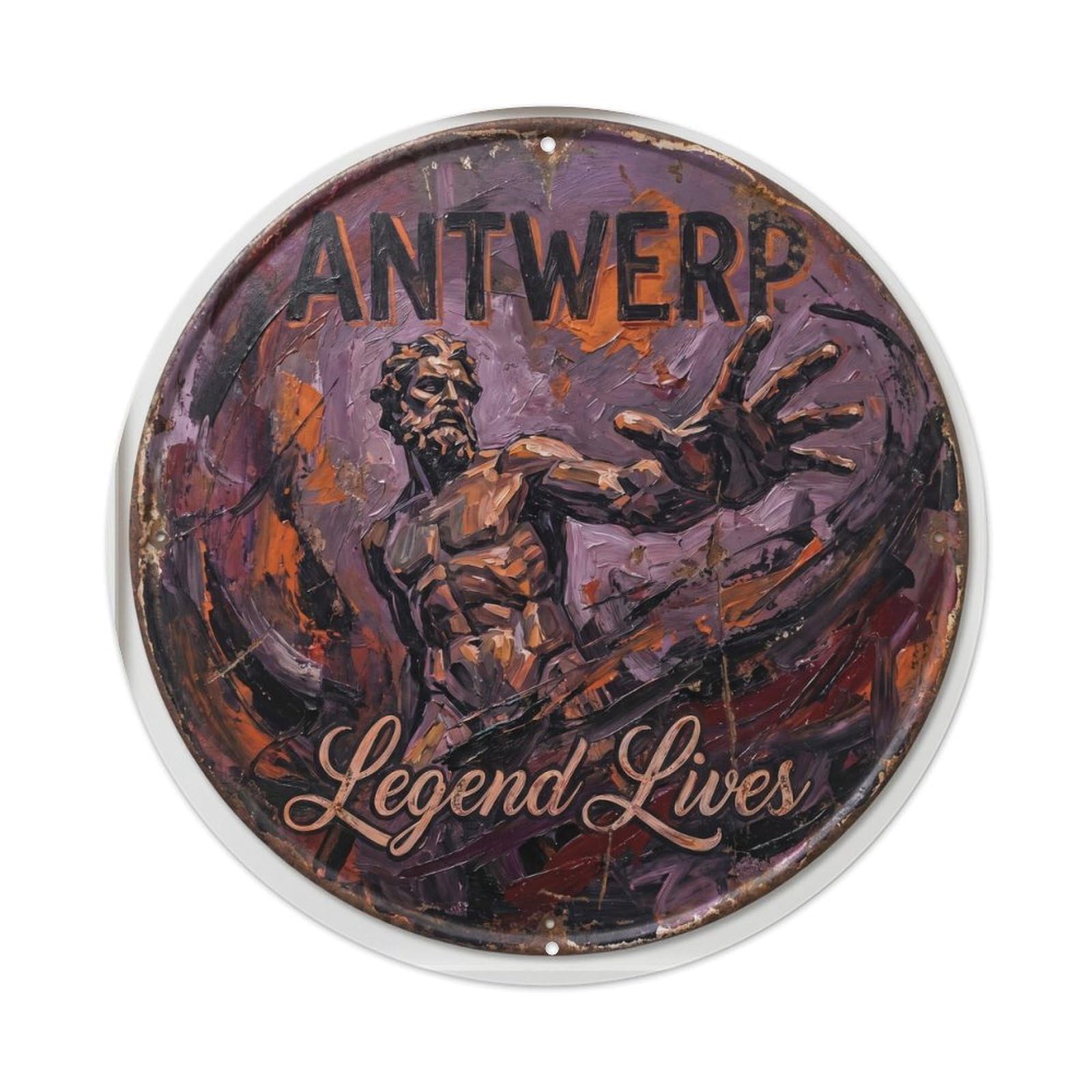 Fountain Antwerp City Classic Destination Heritage Scenic Metal Tin Sign Plaque Wall Decor for Cafe, Man Cave, Club Bar, Office, Home Garden Round Metal Poster 8x8Inch