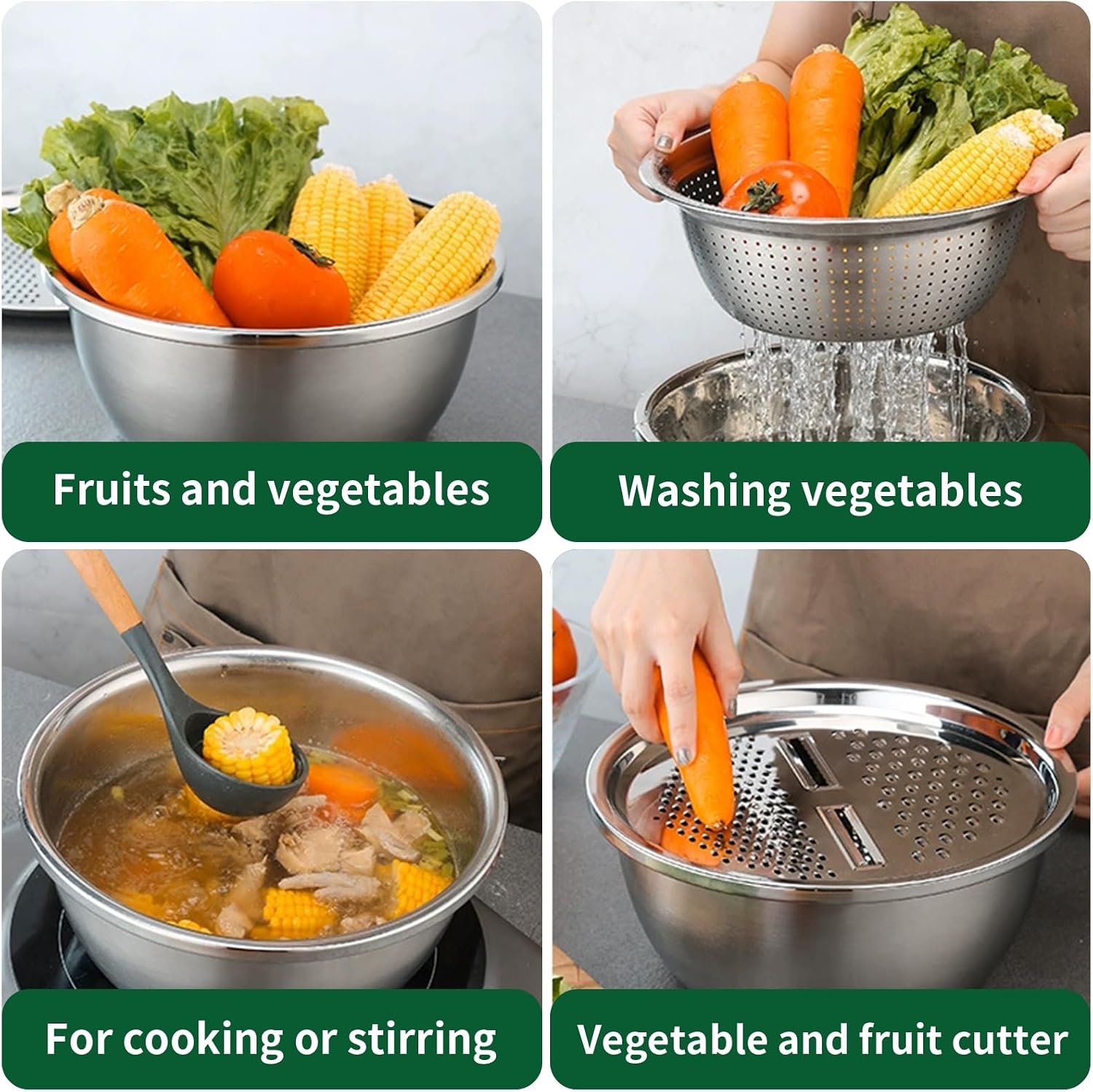 2026 Upgraded 3 in 1 Multifunctional Stainless Steel Basin Set, Kitchen Grater with Strainer and Drain Basket 11.02 Inch