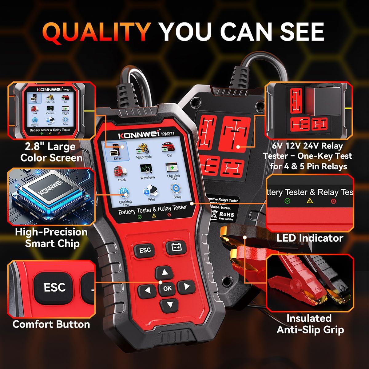 KONNWEI KW371 Autobatterie Tester 6V 12V 24V, Batterieprüfer 100-3000 CCA für AGM EFB GEL Lithium Batterien, KFZ Batterietester mit Anlasser- & Ladesystemtest, Cloud-Bericht für PKW LKW Motorrad