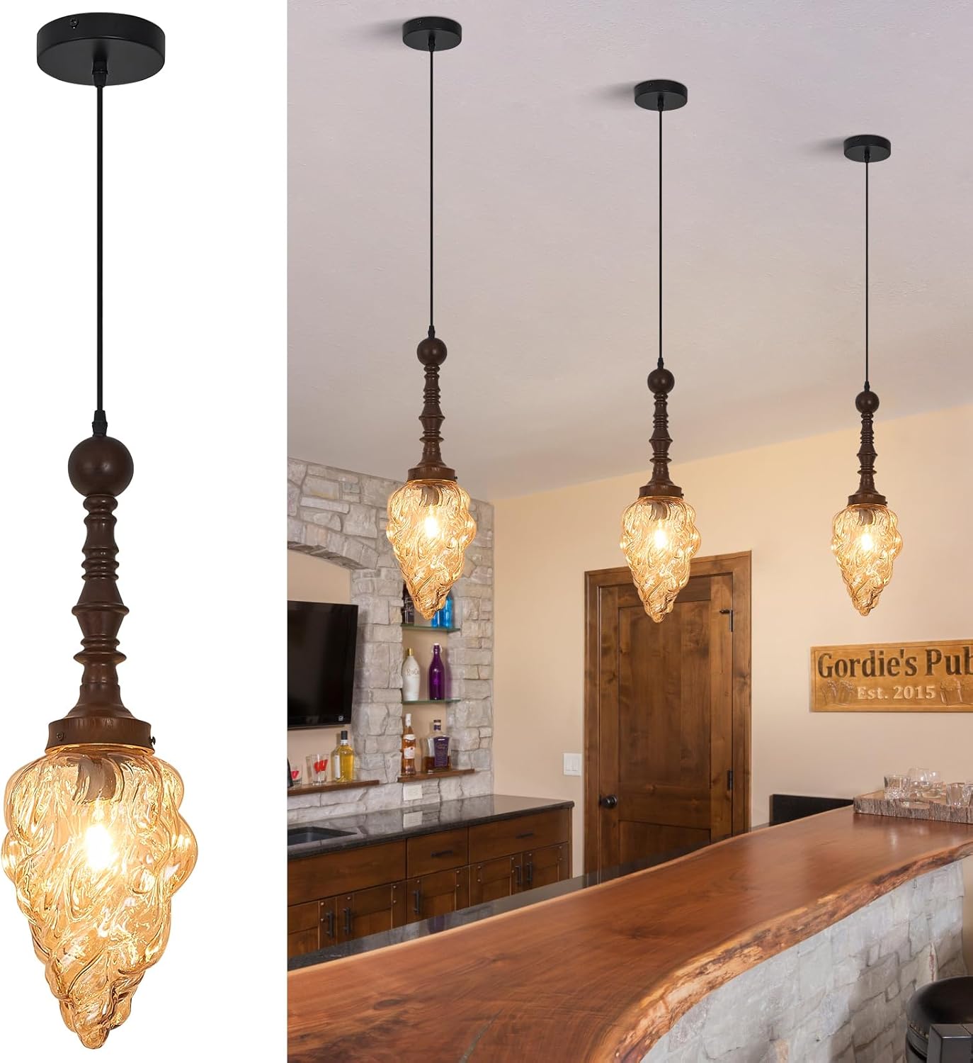 Modern Pendant Light Irregular Amber Glass Kitchen Island,Vintage Pendant Lights Adjustable Hanging Light with Wood,Hanging Light for Dining Room,Kitchen Island,Living Room,Hallway