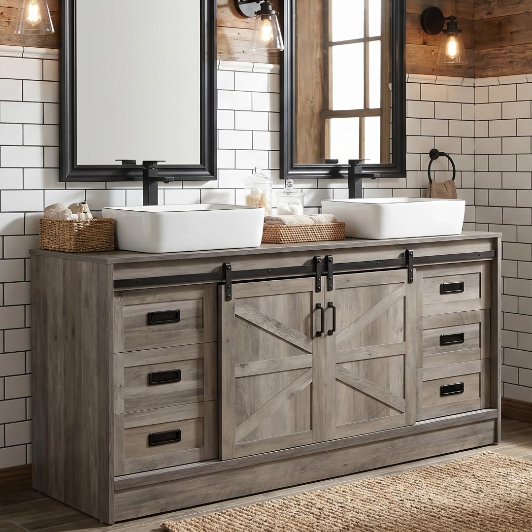 SOLIDEE 60 Inch Barn Door Bathroom Vanity with 6 Drawers and Two White Ceramic Sinks