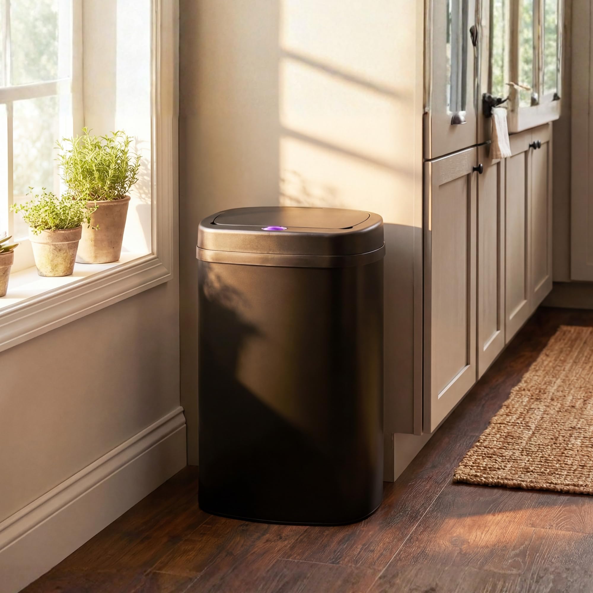 Bayt Mülleimer mit Sensor 60 Liter - Automatischer Abfalleimer für in der Küche, Badezimmer und Homebüro, Berührungslos, Edelstahl, Geruchsarm, Innenring, Schwarz