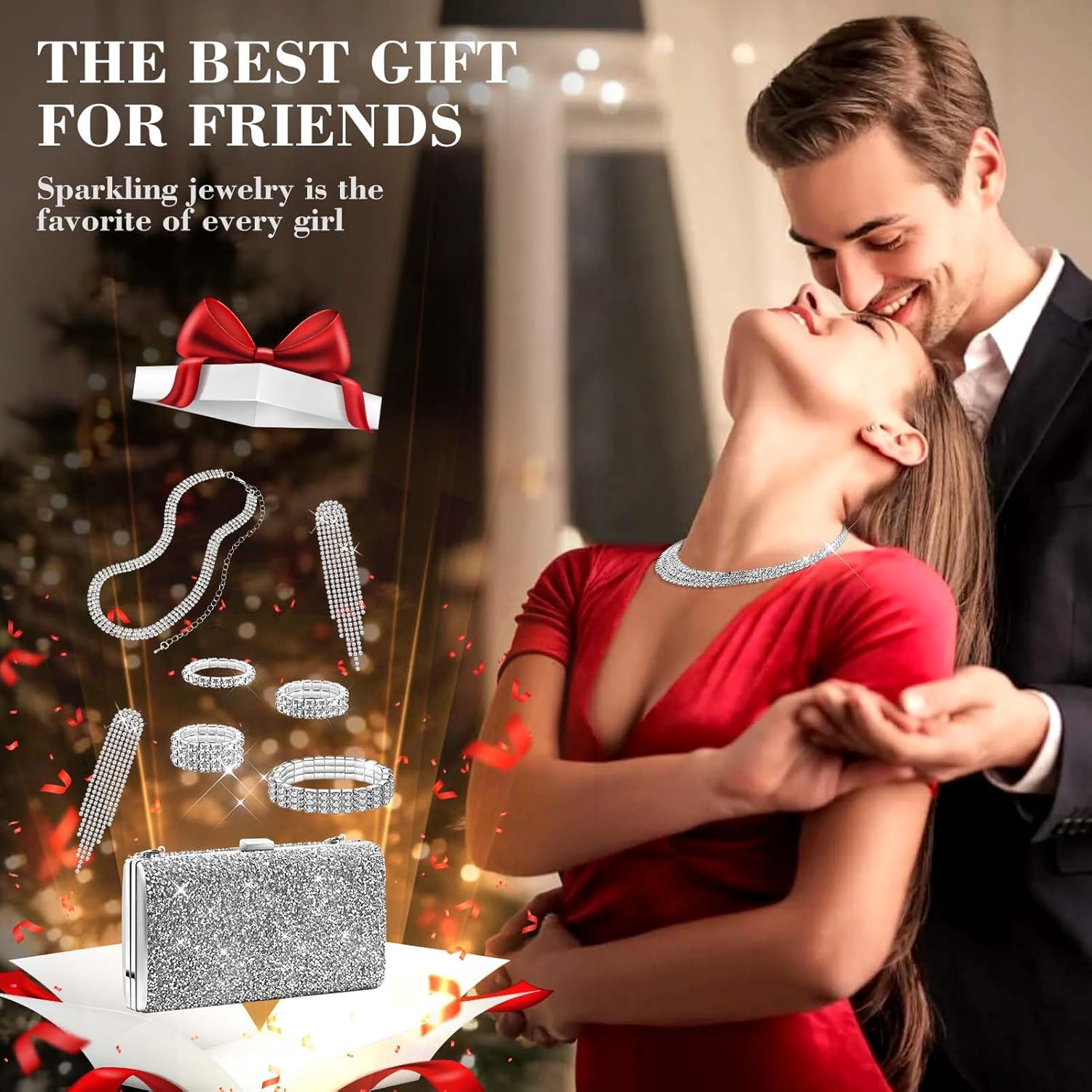 Kucheed 5PCS Silver Clutch Purse Jewelry Sets for Women, Glitter Evening Clutch Bag Rhinestone Necklace Bracelet,Bling Crystal Dangle Fringe Earrings Purse for Wedding Party Prom