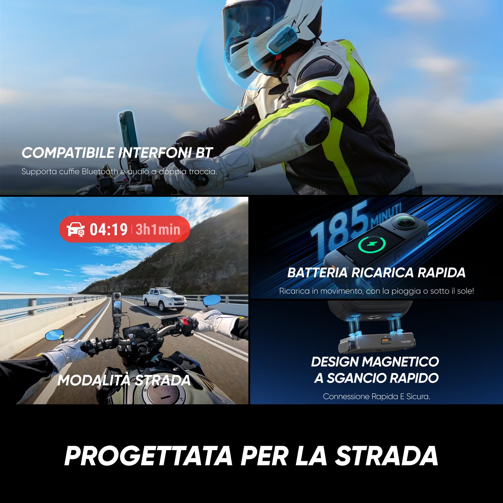 Insta360 X5 Pack Moto - Camera Impermeabile 8K 360º, Obiettivi Sostituibili, Batteria con Autonomia 3 ore, Audio Nitido, Stabilizzazione, Selfie Stick Invisibile, Bassa Luce