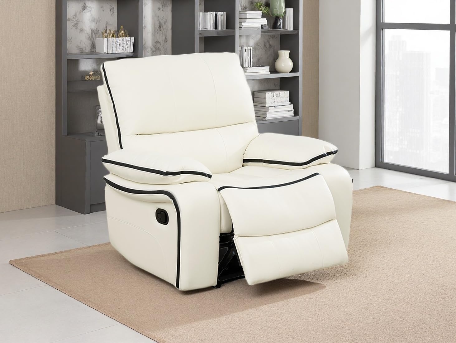 Living Room Sofa Set Reclinr Bonded Leather Power Living Room Furniture Set Loveseat with Cup HolderDrop-Down Table\UPS PortLED Light for Guest Room, Rv Car, Office(Beige,with Power)