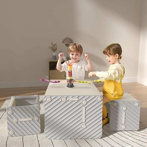 Miniatura 7 de hoopyosms Juego de mesa y 2 sillas para niños, mesa de actividades versátil para niños pequeños, aprendizaje, juego, artes, manualidades y