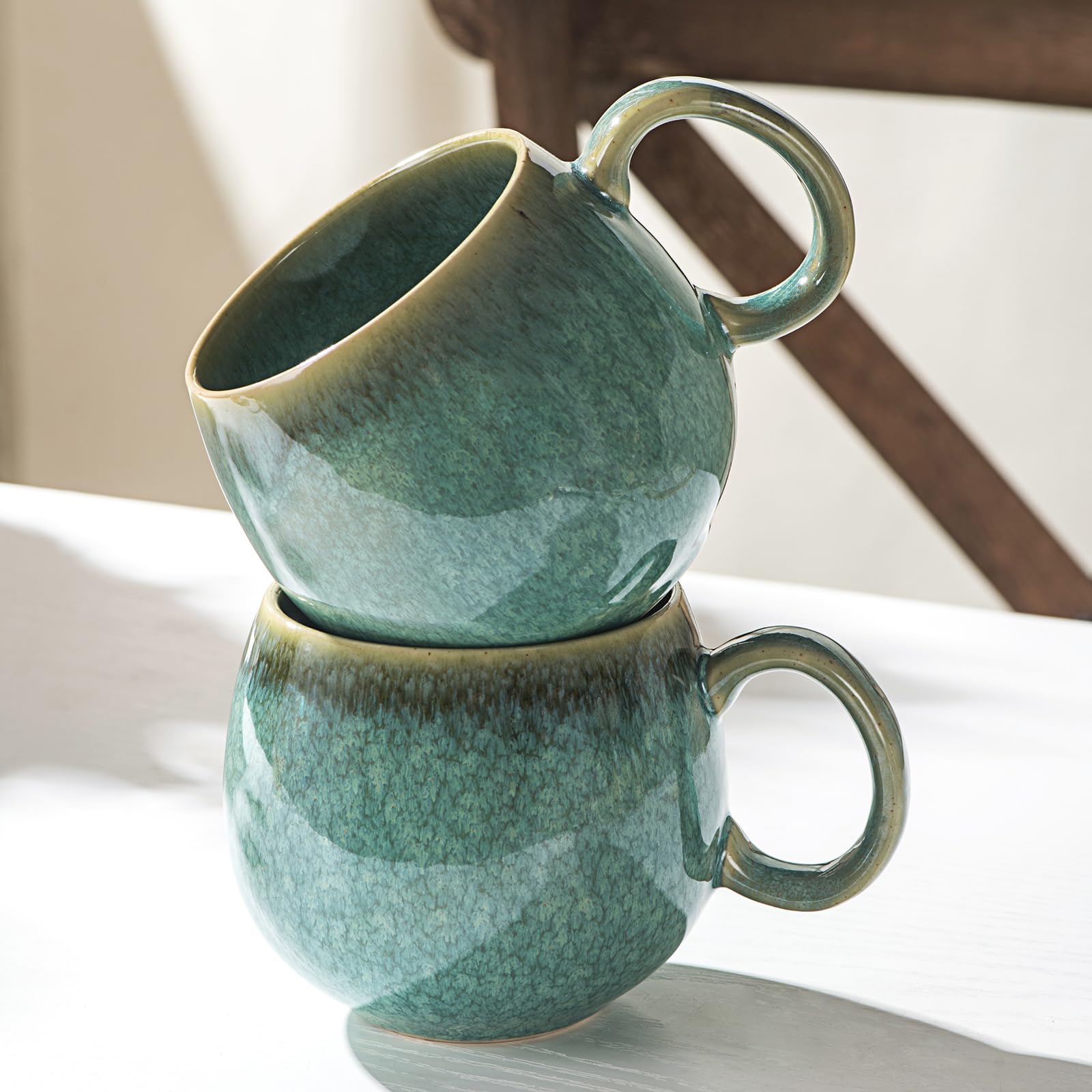 HENXFEN LEAD Set de tasses à cappuccino Céramique, 600ml tasses à café avec anse, 4 tasses en porcelaine pour thé café lait cappuccino - Vert brillant