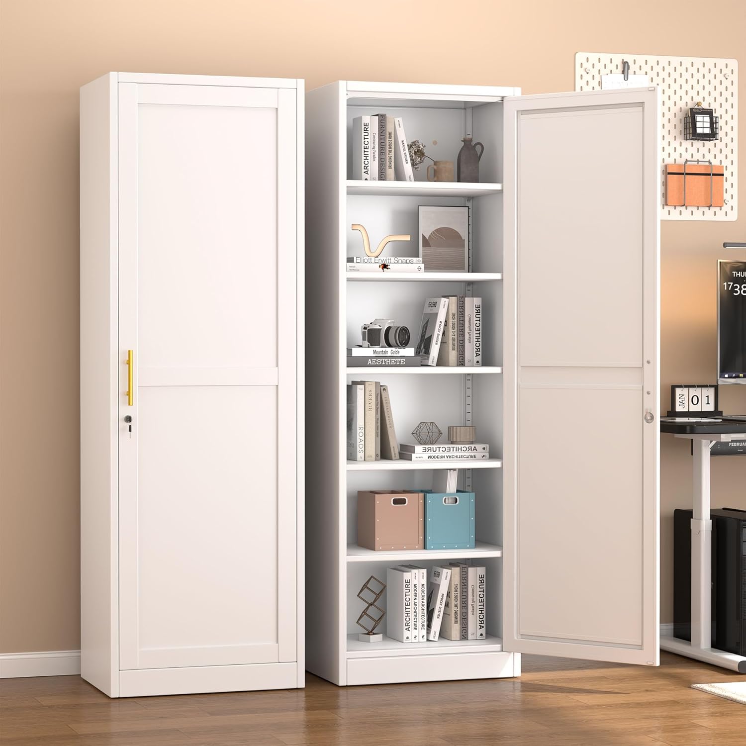 pozdeg 67" Metal Storage Cabinet with Lock, Tall Narrow Office File Cabinets with 5 Adjustable Shelves, Metal Steel Locker for Home, School, Office, Garage or Gym (White)