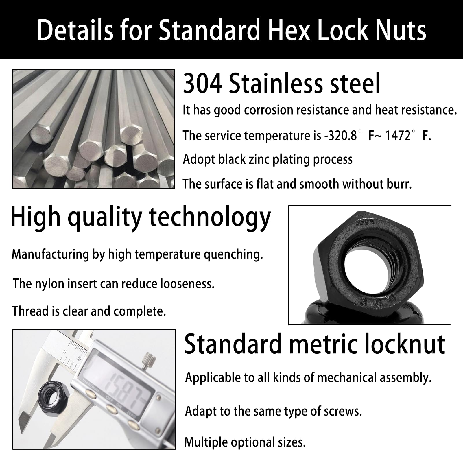20pcs 12 13 Nylon Insert Hex Lock Nutsblack Oxide 304 