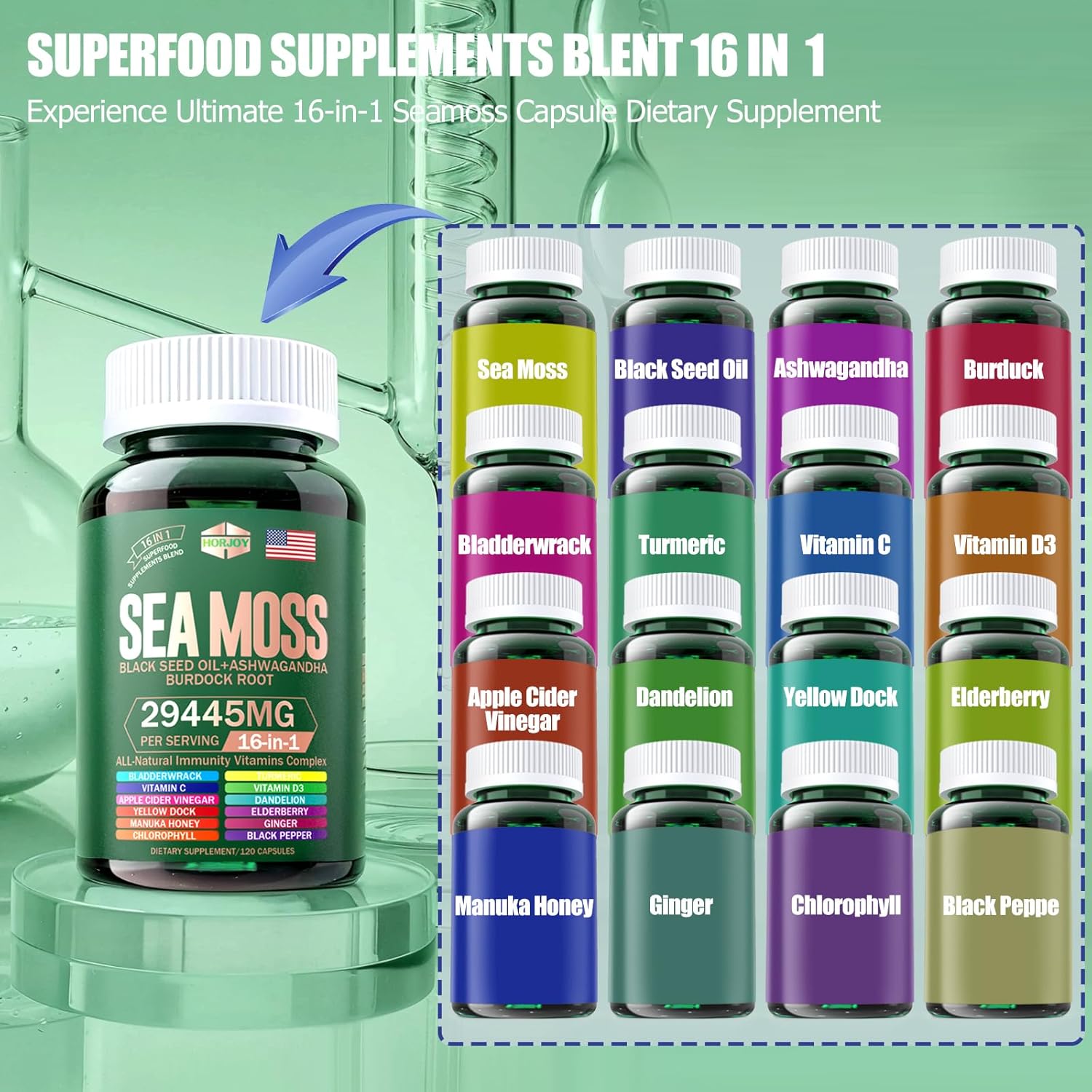 Sea Moss 12000mg Black Seed Oil 6000mg Ashwagandha 3000mg Turmeric 1000mg Bladderwrack 2000mg Burdock 3000mg & Vitamin C & D3 with Elderberry Manuka Dandelion Yellow Dock Iodine Chlorophyll ACV - Image 7