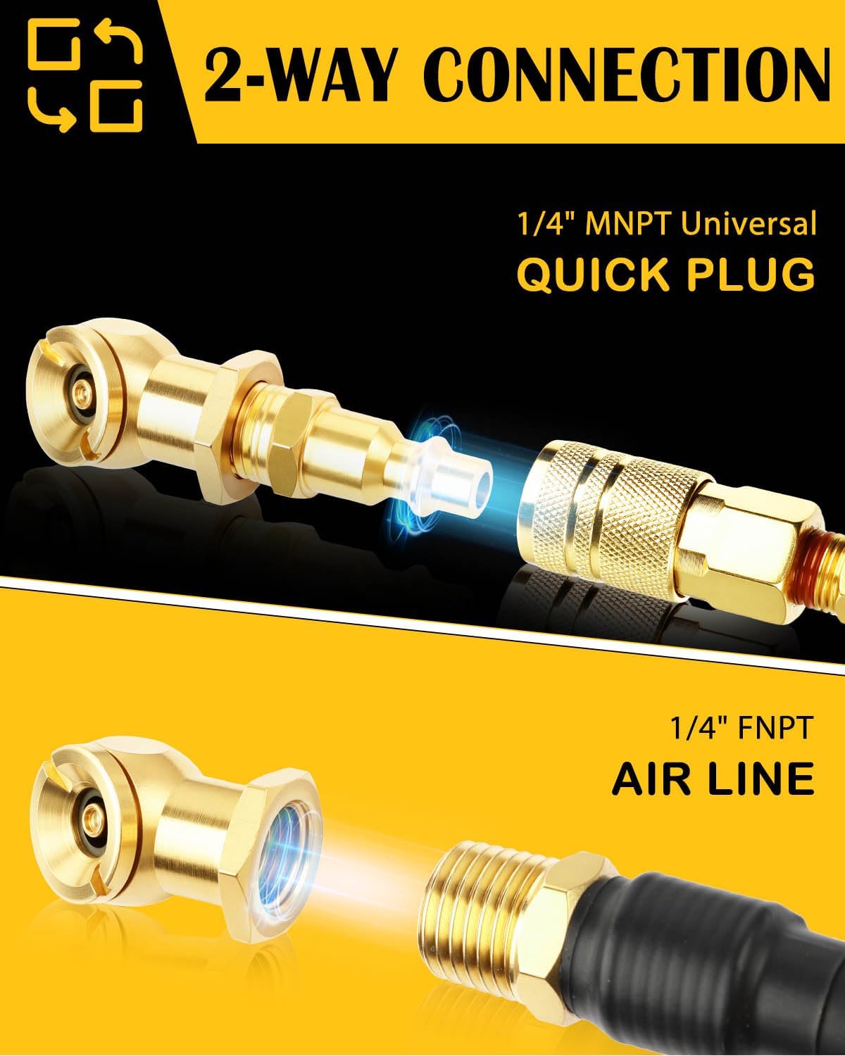 2-Pack Heavy Duty Locking Air Chuck, 1/4" FNPT Closed Flow Clip On Air Chuck Compatible with Schrader Valves, Quick Connect, Pure Brass.