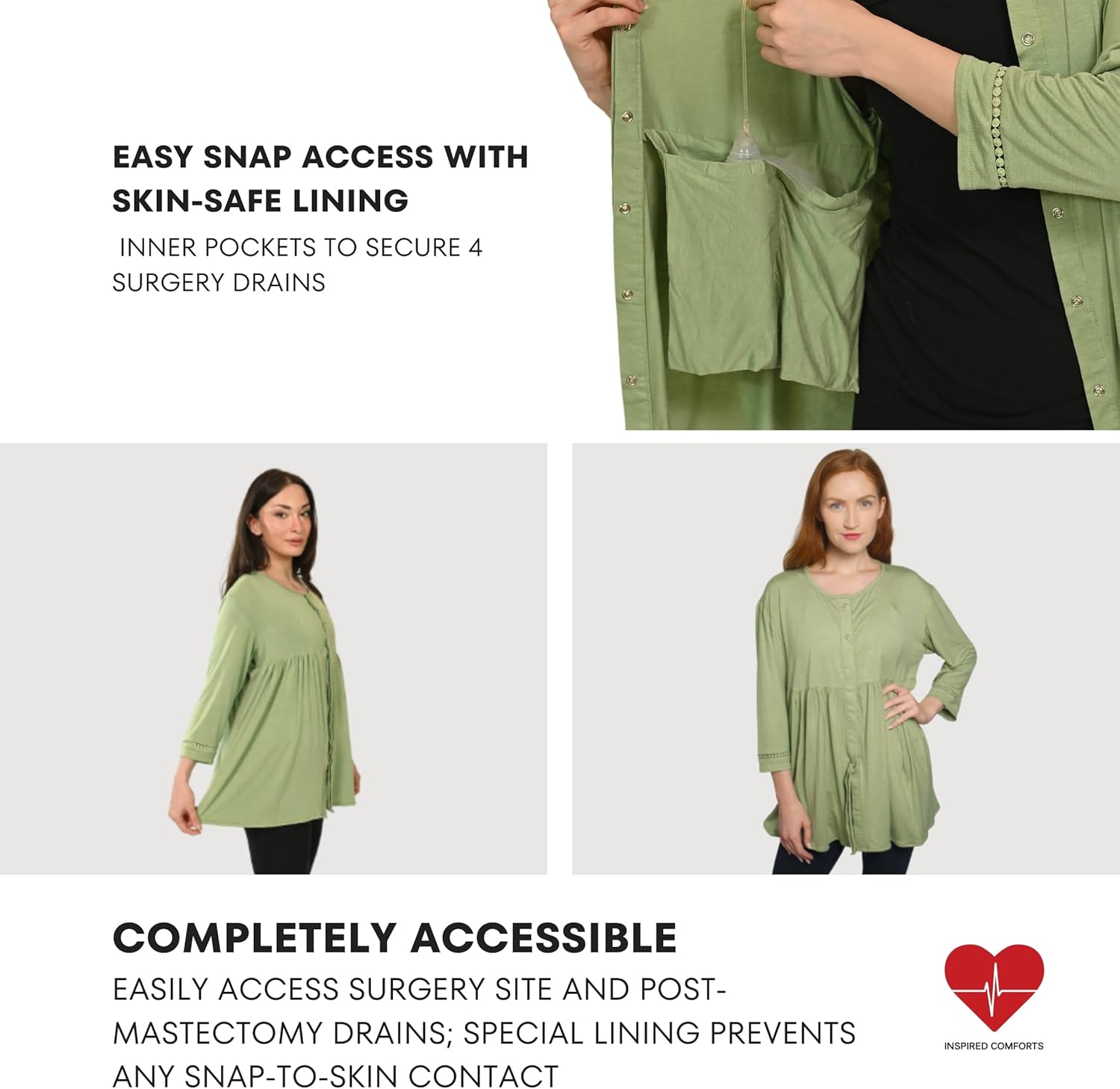 Inspired Comforts Women's Mastectomy Recovery Front Open Snap Shirt with Drain Pockets - Image 2
