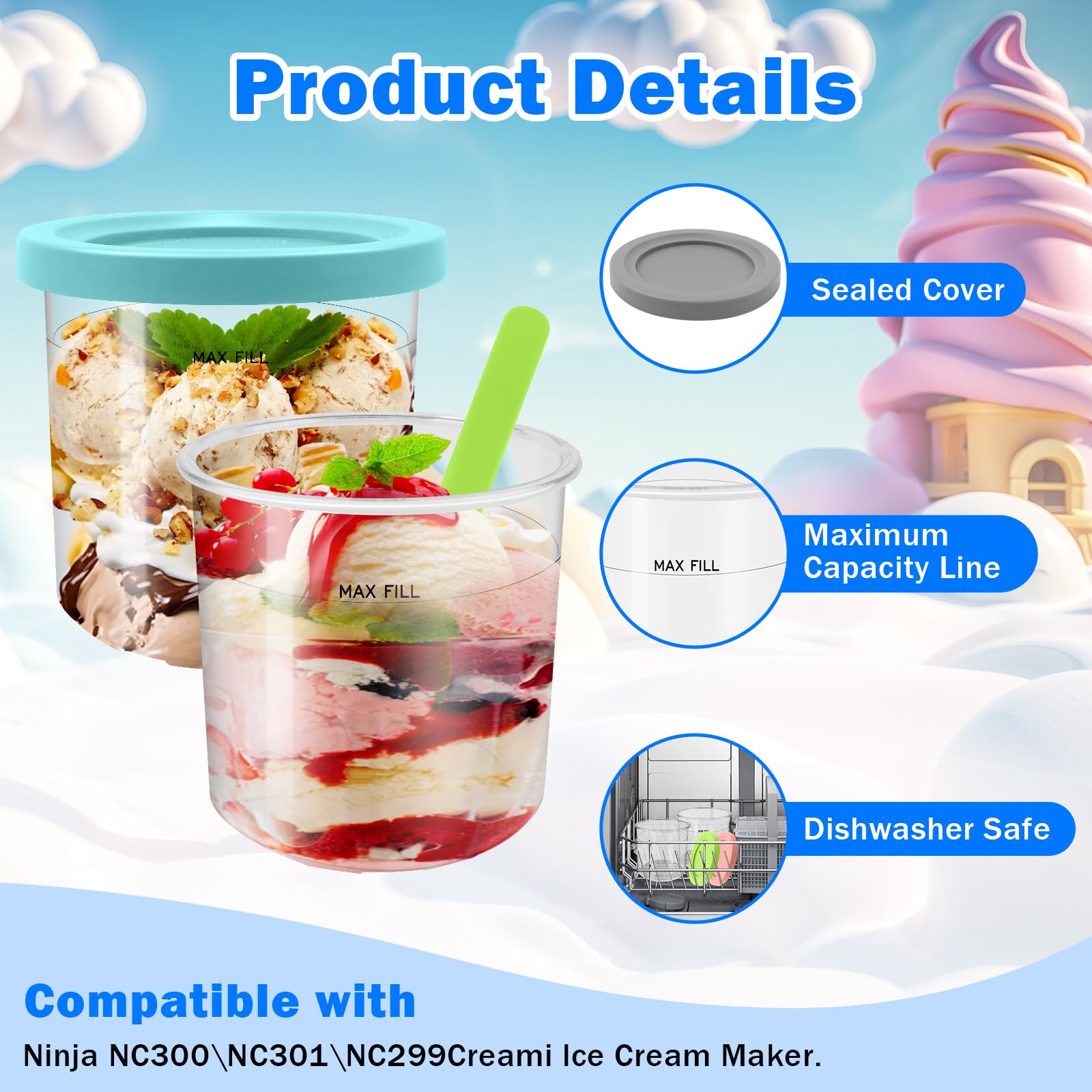 4 Pcs Ice Cream Tubs for creami Ninja NC300UK, NC301, CN301CO Series - BPA-Free & Dishwasher Safe Creami Pint Containers with Spoons - Image 4