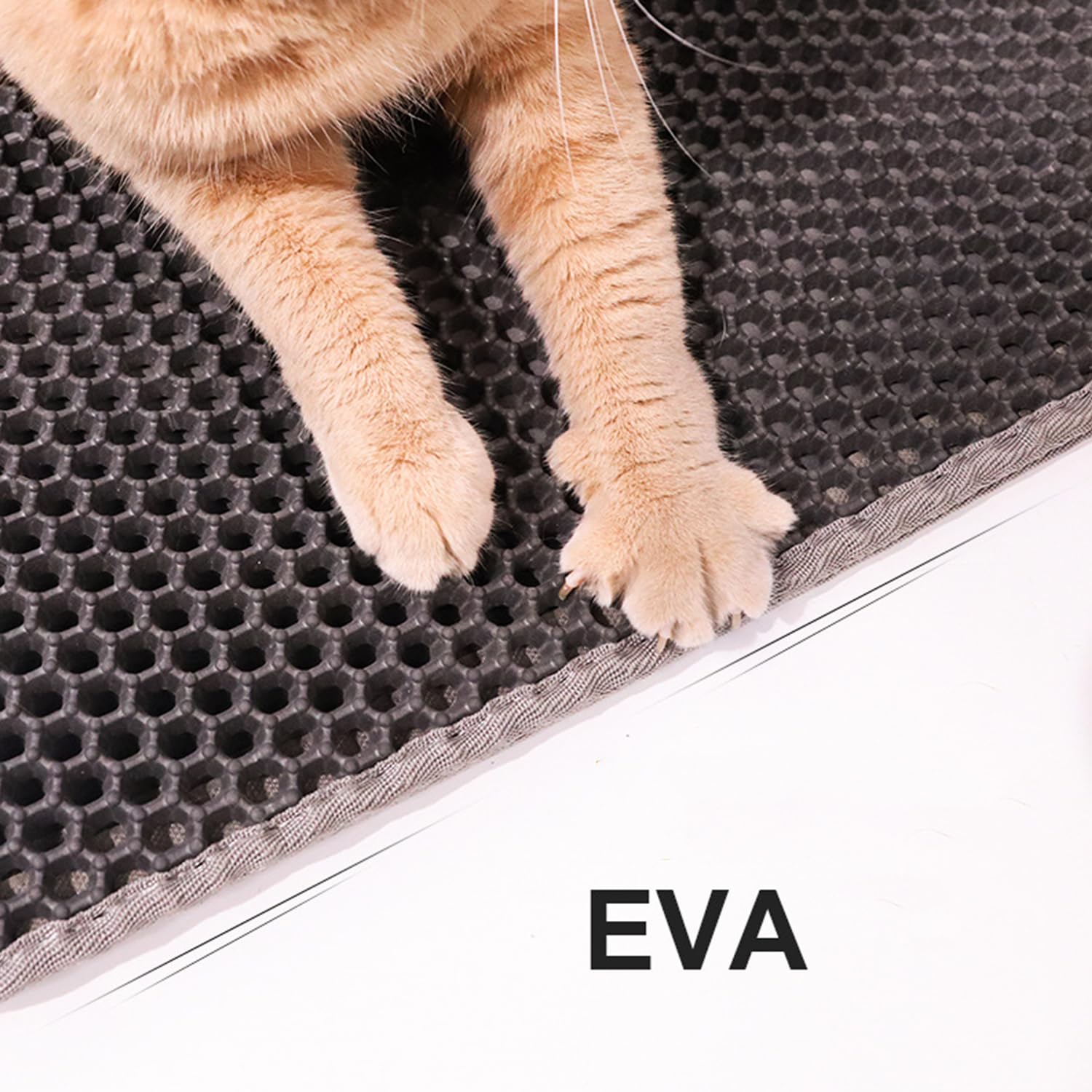 Kattenbakmat, groot formaat, dubbellaagse honingraat, groot gatontwerp, waterdicht EVA-materiaal, pootkussens zijn zacht en wasbaar (kleur: zwart, maat: 55 x 75 cm