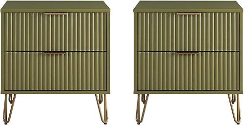 Manhattan Comfort Dumbo - Moderna mesita de noche 2.0 con 2 cajones y patas de metal, patas doradas repartidas, diseño acanalado vertical,