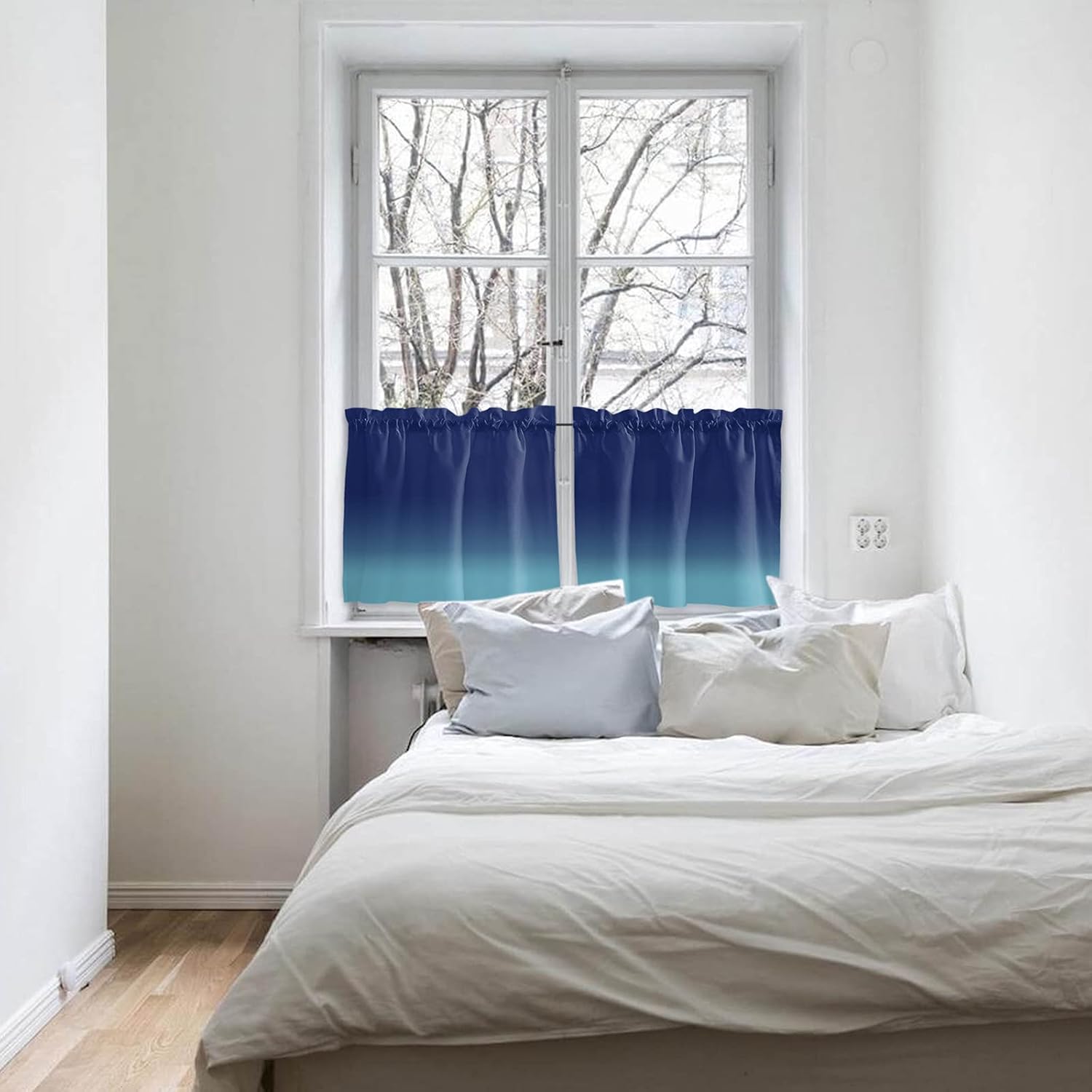 Blue Navy Ombre Window Curtain Panels Set of 2, Rod Pocket Drapery Curtains for Kids Bedroom Living Room Kitchen Basement, Washable Valance Window Drapes, Teal Green Gradual, 27.5x36inch