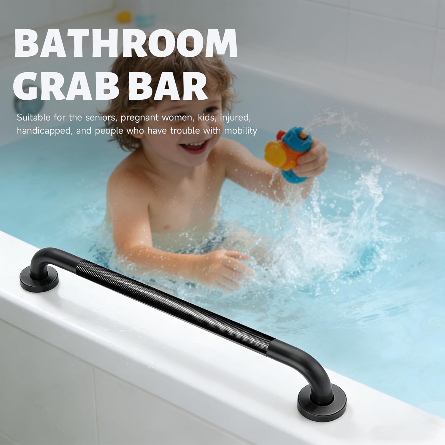 32 Inch Shower Grab Bar 1.25" Dia, Black Anti Slip Bathroom Grab Bar, 304 Stainless Steel Knurled Handicap Grab Bars, Safety Support Handrail, Assist Bath Shower Handle for Elderly Injury Senior