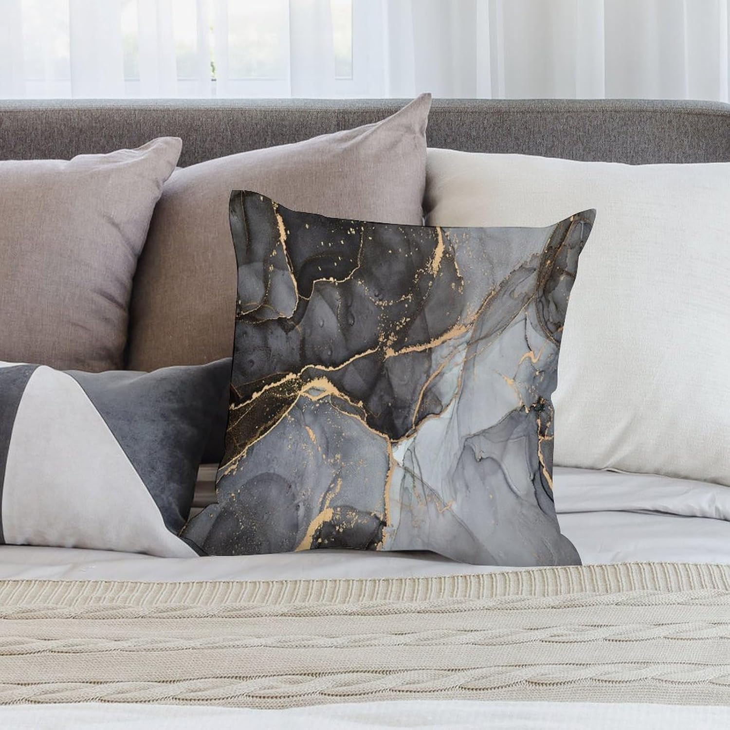 Marble Pillow Covers Set of 2,Modern Luxury Black Gray Gold Texture Aesthetic Art Throw Pillow Covers 20x20 Inches Cotton Square Pillow Cover Set for Couch Bed Living Room Outdoor Decor 20 "x20 "