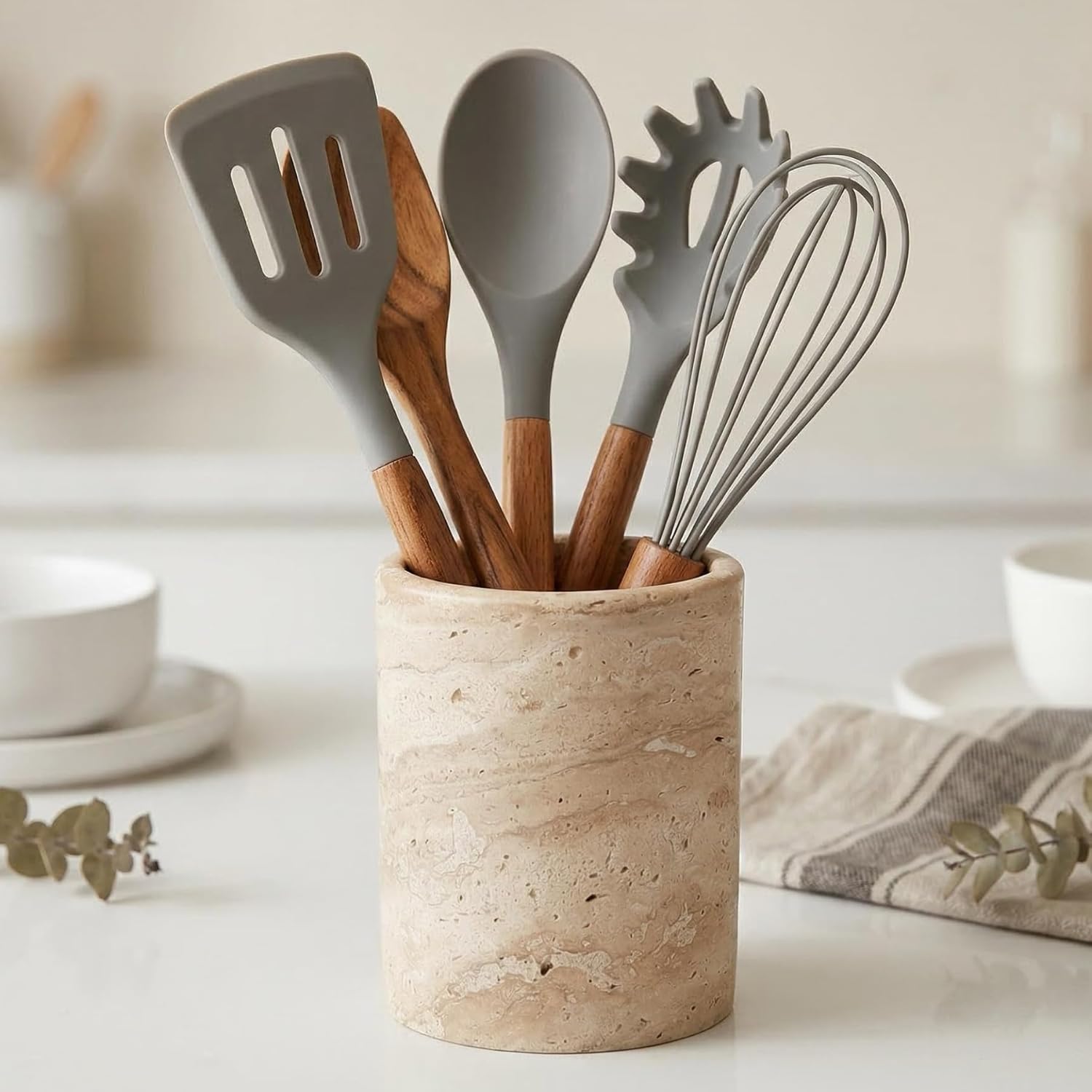 Natural Travertine Utensil Holder for Kitchen Countertop – Heavy & Stable Real Stone Utensil Crock, Large Spoon & Spatula Organizer, Rustic Premium Kitchen Decor, Housewarming Gift, Beige