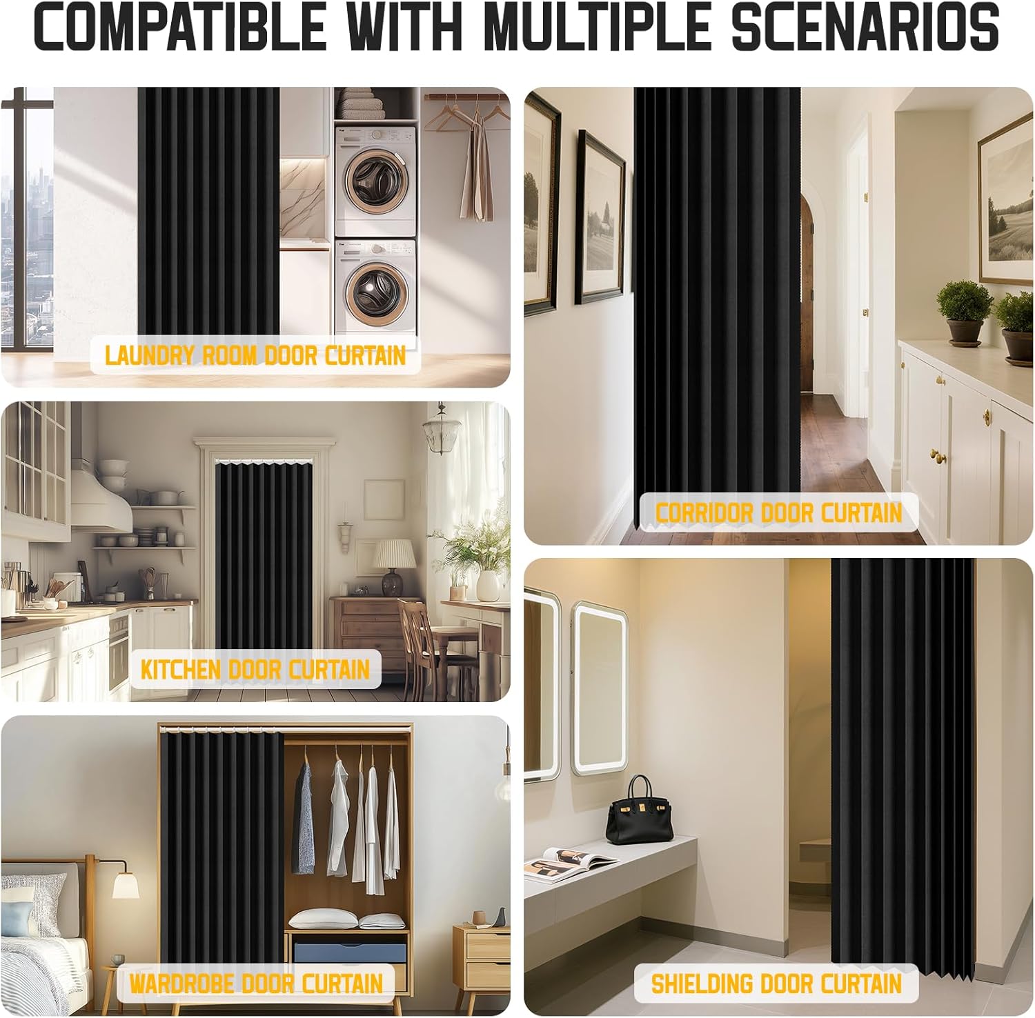 Accordion Door Curtain - 100% Light-Blocking Bedroom Door Curtain with Included Rod for Easy Installation, Suitable for Doorway Privacy Black 43" W x 78" L