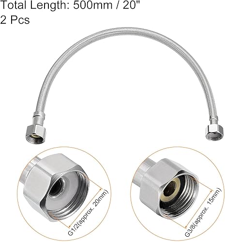 Miniatura 2 de uxcell Conector de línea de suministro de grifo de 20 pulgadas de largo, 2 piezas G 38 rosca de compresión hembra x G 12 rosca recta hembra manguera