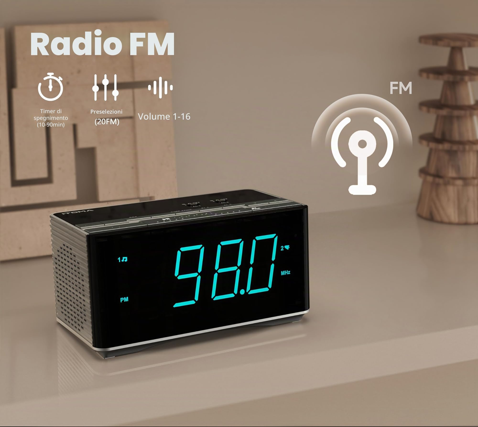 iTOMA Sveglia radio-altoparlanti stereo Bluetooth, radio FM, doppia sveglia, snooze, dimmer di luminosità, ricarica USB, sveglia per camera da letto ufficio 3501