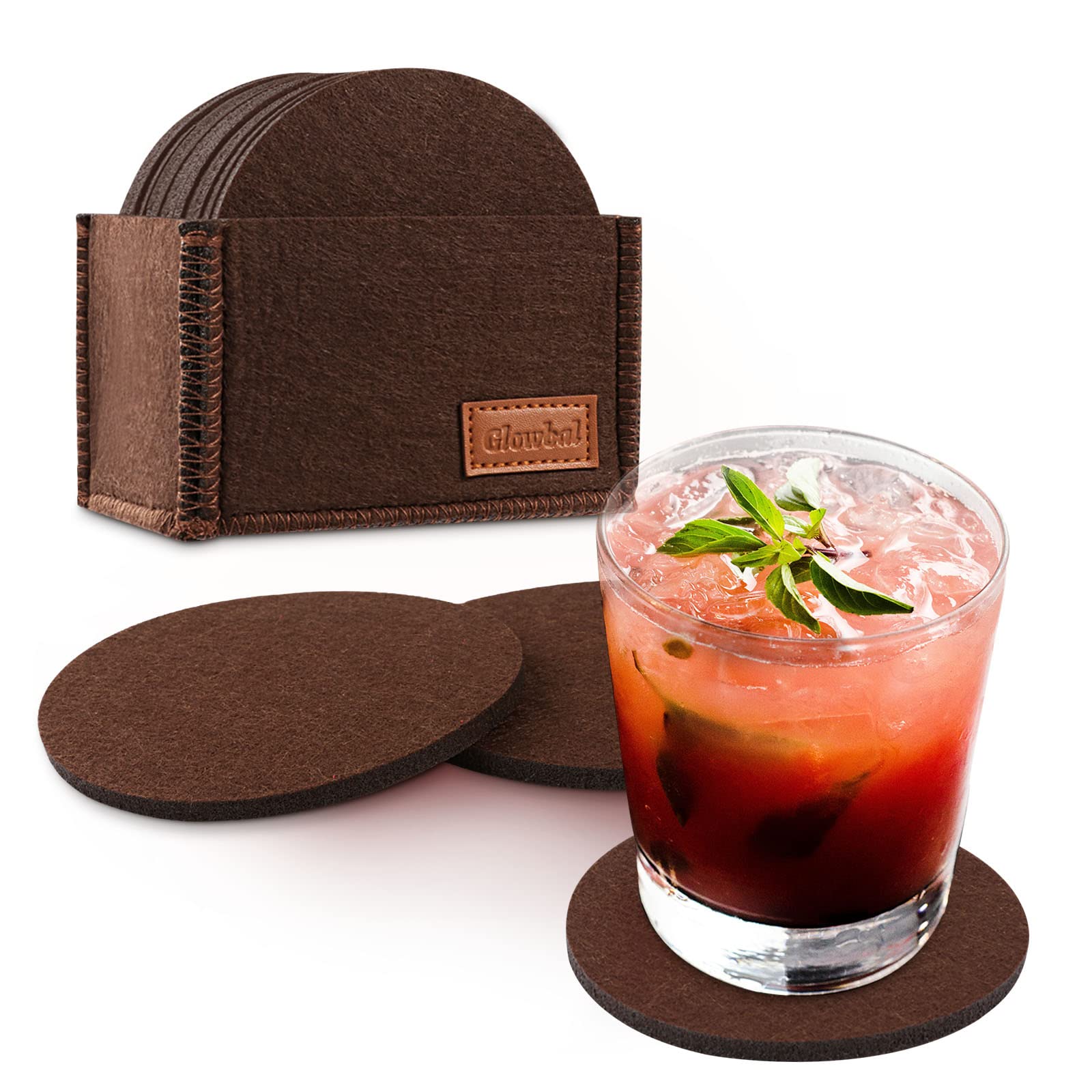 Glowbal Filz Untersetzer rund für Gläser 12er Set für Getränke, Bar, Tassen, Glas - Tischuntersetzer Filzuntersetzer(braun)