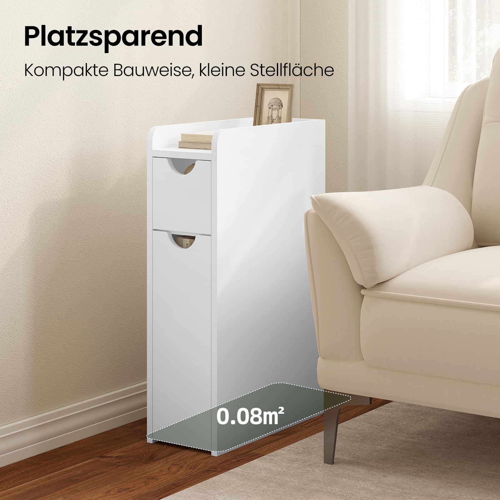 EUGAD Badezimmerschrank klein, Badschrank schmal, Nischenschrank Kleiner Schrank für Toilettenpapier, mit Schublade auf Rollen, Aufbewahrungsschrank stehend, Weiß