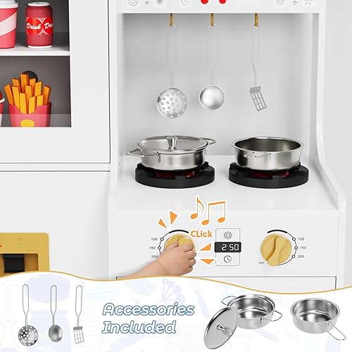 Miniatura 5 de MAMIZO Cocina de juego de madera para niños, juego de cocina de juguete para niños, juego de cocina interactivo grande con 6 utensilios de cocina,