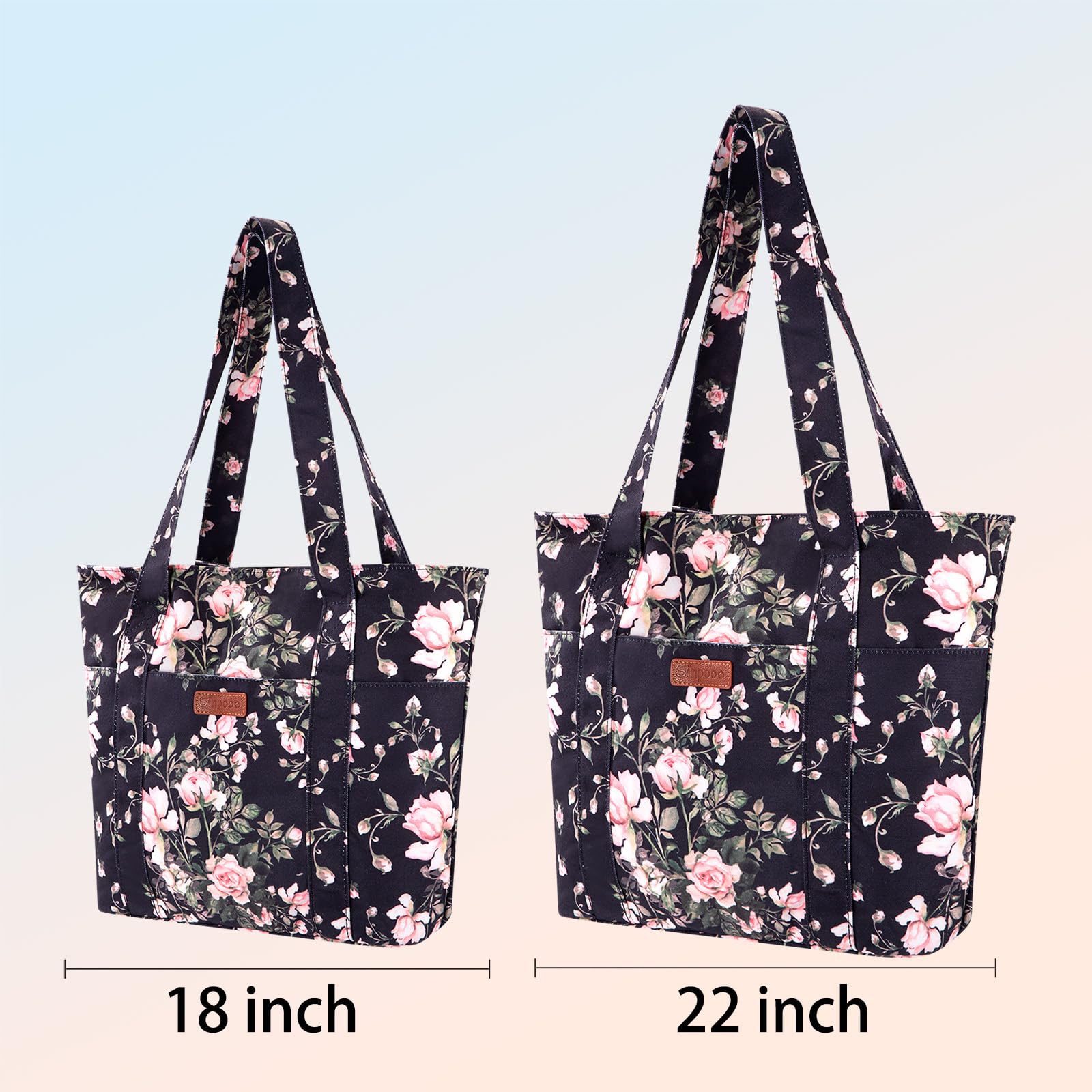 Bolsa grande para mujer, bolsa plegable de lona con cremallera, bolsa de hombro ligera con asa superior para viajes y playa, Flor negra, M