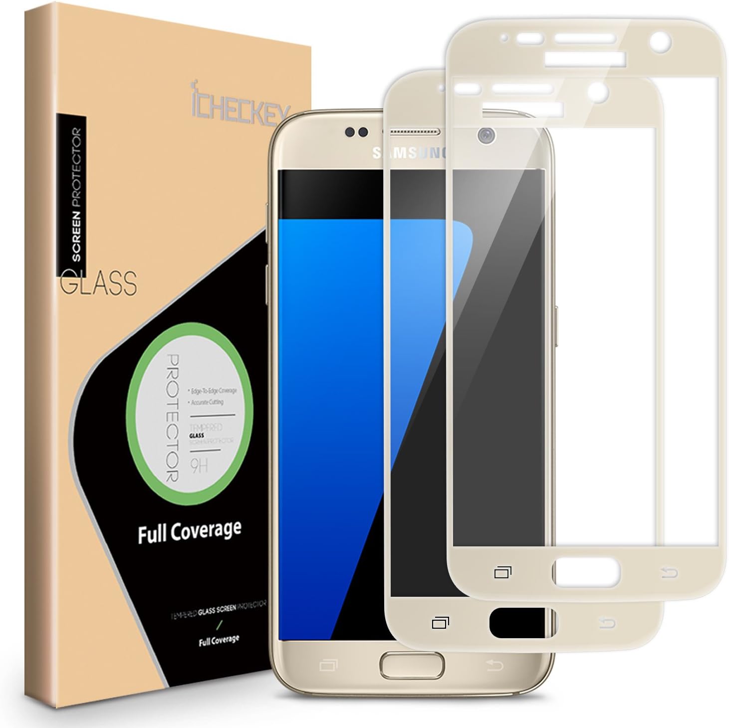 ICHECKEY 2-Pack Samsung Galaxy S7 Screen Protector, 2.5D Full Coverage Tempered Glass Screen Protector Cover for Samsung Galaxy S7-Gold