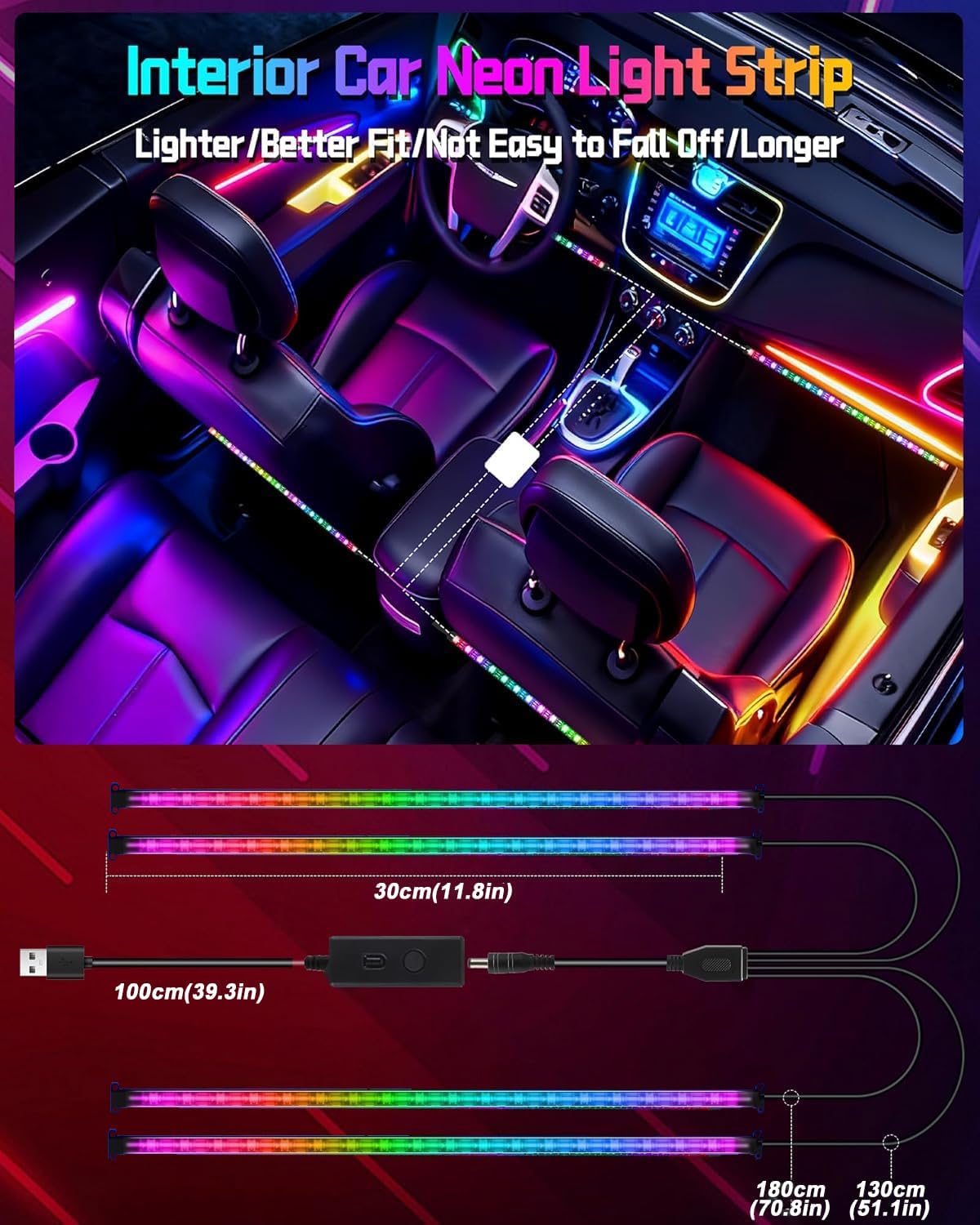 72 LED USB Interior Car Strip Lights Dream Color RGB-IC 12V DC with App RF Remote Control Multicolor Footwell Under Dash Chasing Inside Light Kits Music Sync Mode LED Lights for Cars Truck ATV UTV