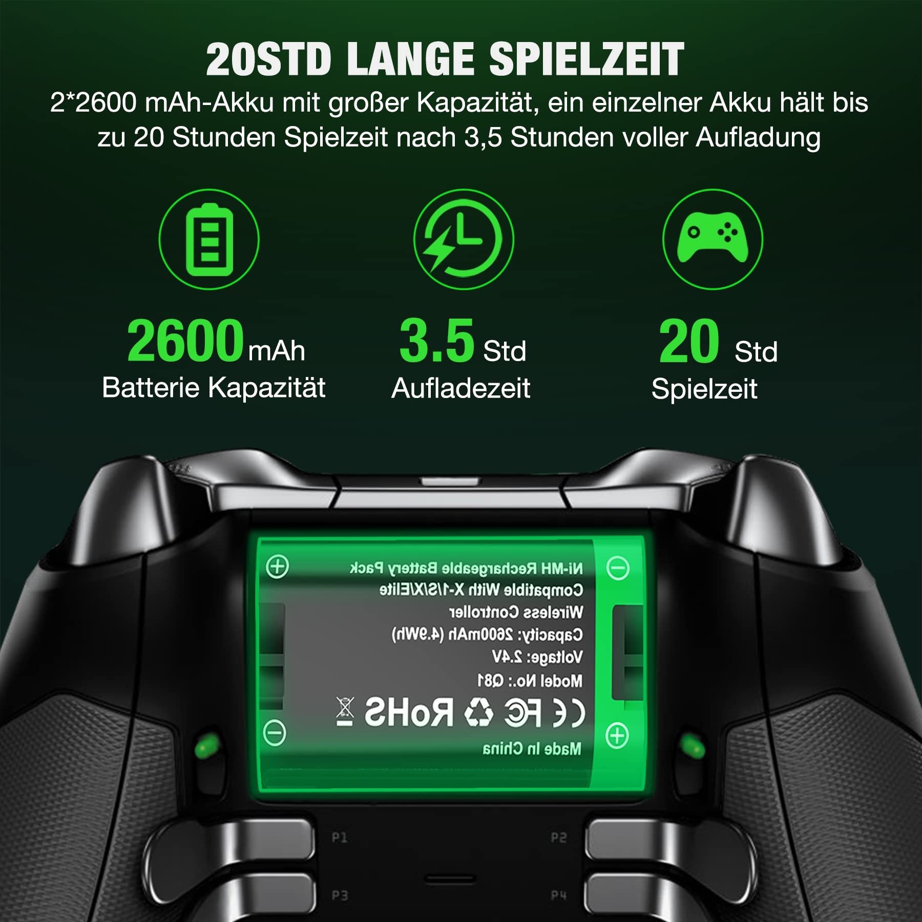 Batterie pour manette Xbox One, Xbox Series X|S, 2 batteries 2600 mAh, station de charge pour Xbox Series X/Xbox Series S/Xbox One/Xbox One S/Xbox One X/Xbox One Elite