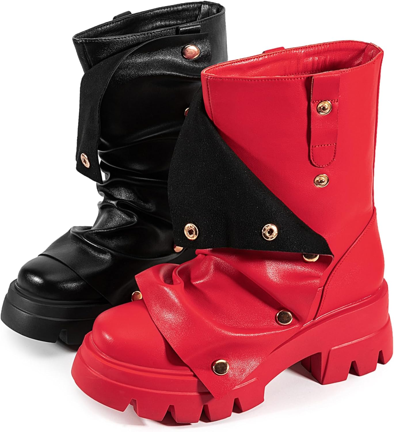 Atuelang Women's Slouchy Fold Over Boots Platform Wide Calf Shark Boots Pull On Fashion Short Booties