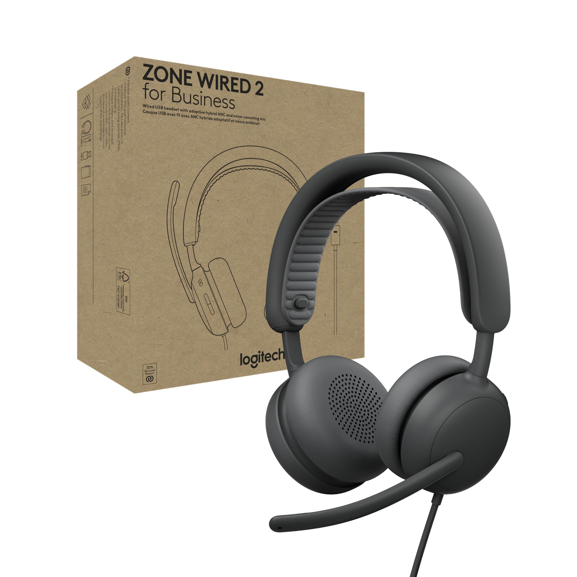 Logitech Zone Wired 2 for Business - Casque Anti-​Bruit avec ANC Hybride adaptative, certifié pour Microsoft Teams, USB-​C avec Adaptateur USB-​A - Graphite