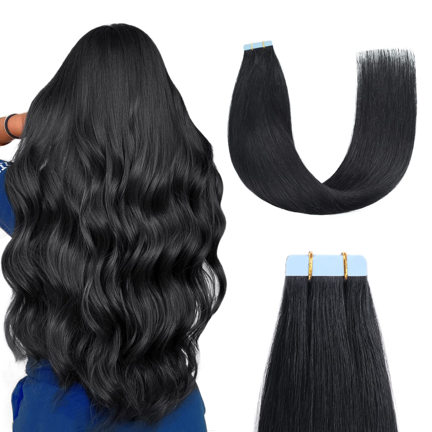 Sunya Tape in Hair Extensions Human Hair Jet Black 24 inch Straight Seamless Tape in Hair Extensions #1 Color 50g/20Pcs