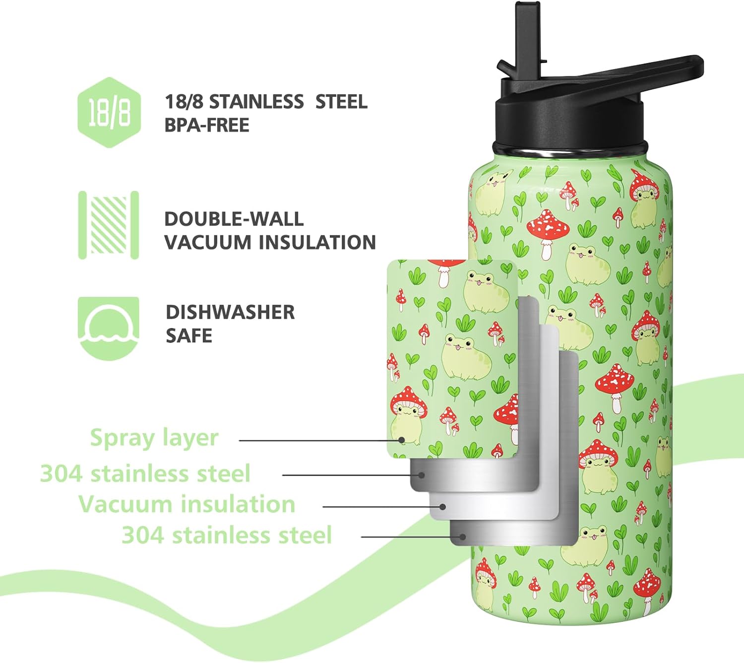 Frog Mushroom Gifts 18oz Water Bottles for Women Men, Cute Green Stainless Steel Leak Proof Sport & Gym Water Bottle with Flip Straw & Spout Lid (1 PC)