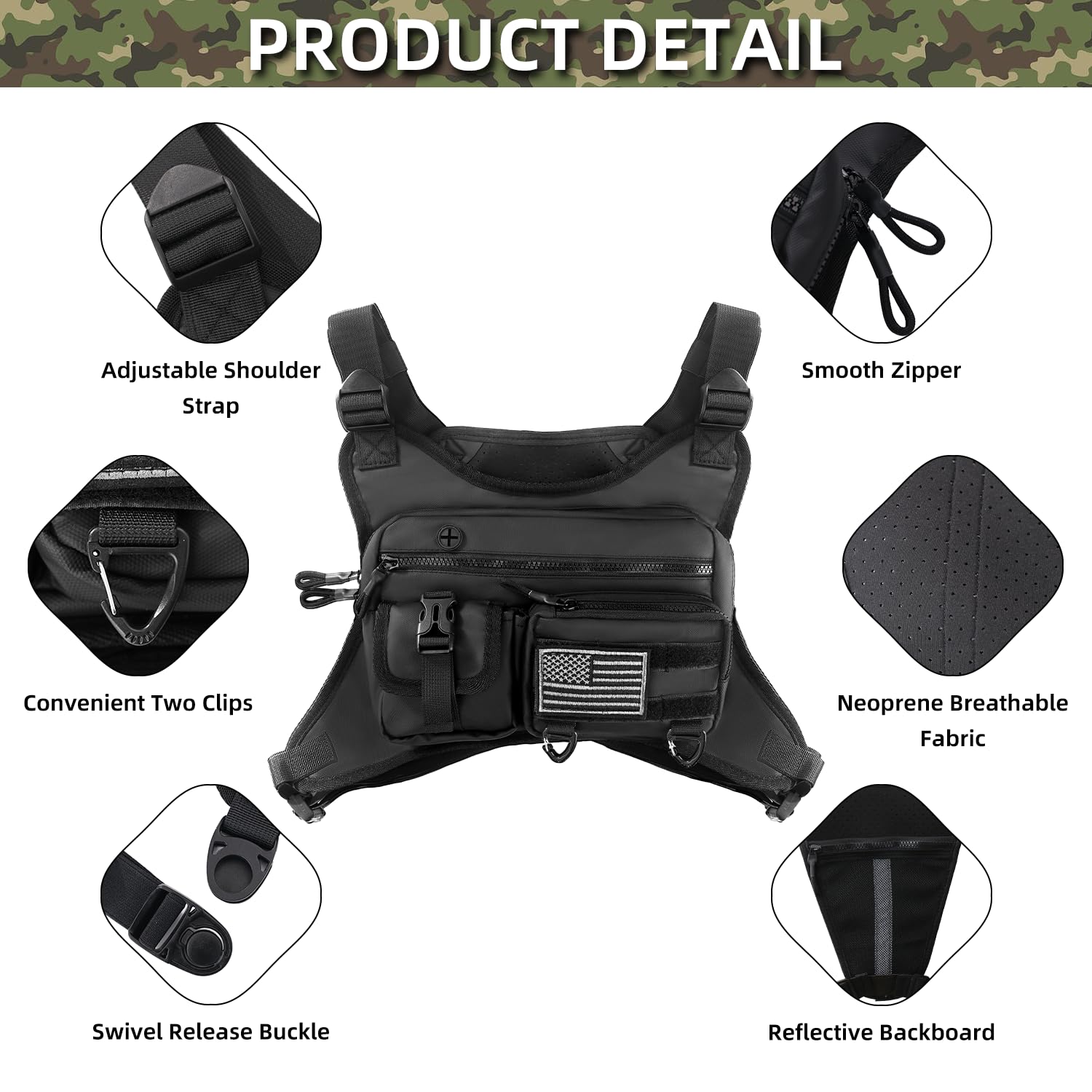 QCBF Outdoor Sports Chest Bag for Men, Running Vest Tactical Pack, Water Resistant Lightweight Front Run, with Extra Storage, Chest Vest Holster Fits Most Pistols, Fit Hiking (Black)