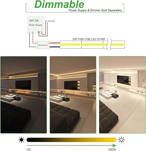 Miniatura 4 de JOYLIT Tira de luz LED COB de 24 V para interiores, 20 pies19.7 ft, 3000 K, blanco cálido, CRI 93+ 320 LEDsM, cinta LED regulable uniforme uniforme