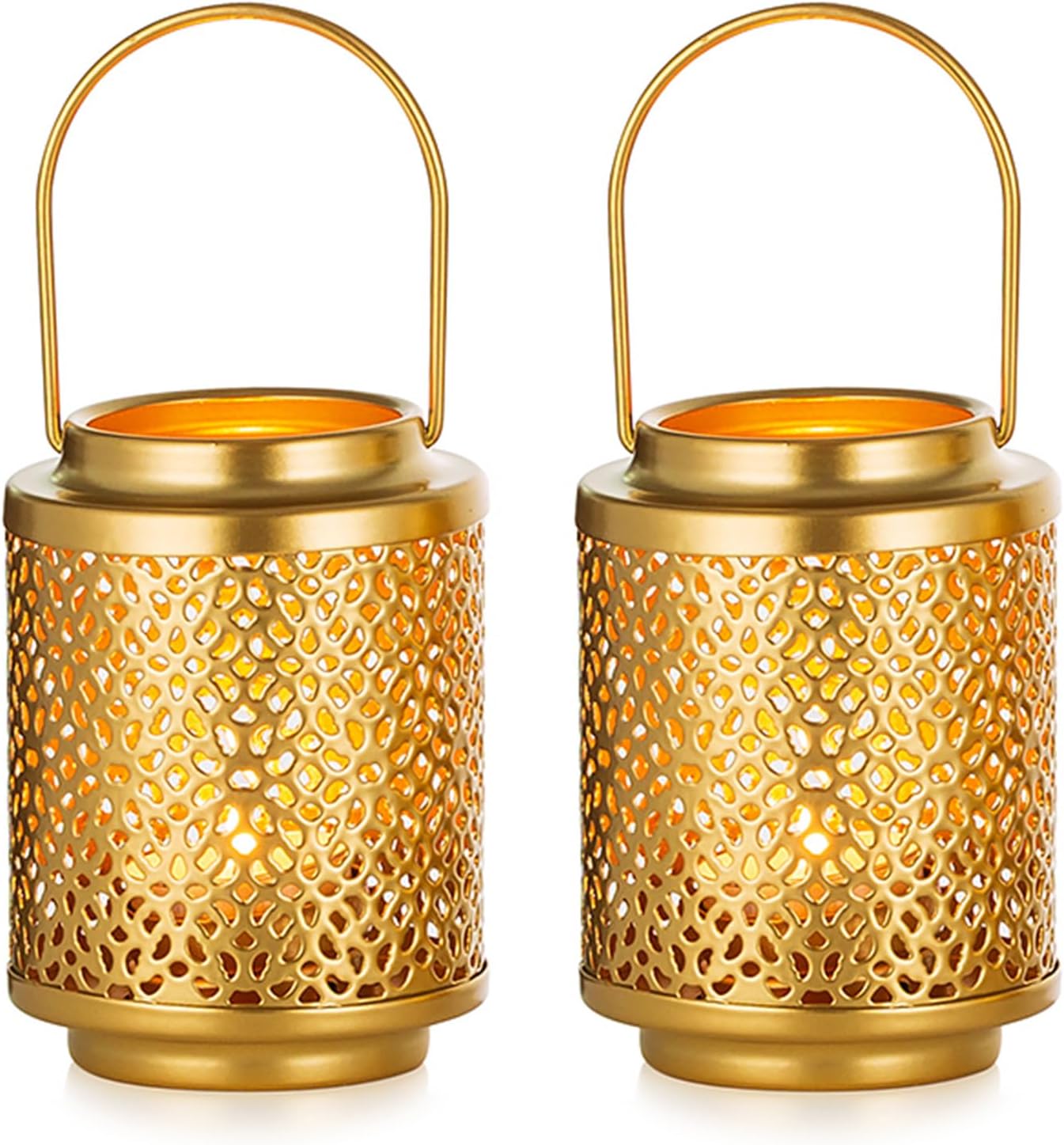 NUPTIO Gold Tea Light Lanterns: 2-Pack 4.1" Vintage Hanging Metal Candle Holders for Tabletop, Living Room & Wedding Centerpieces (Style 2)