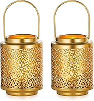 NUPTIO Gold Tea Light Lanterns: 2-Pack 4.1" Vintage Hanging Metal Candle Holders for Tabletop, Living Room & Wedding Centerpieces (Style 2)