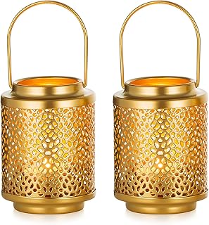 NUPTIO Tea Light Lantern Centerpiece: 2 Set of 4.1inch Gold Decorative Small Candle Lanterns Indoors Brass Hanging Metal Tealight Holder for Dining Table Living Room Fireplace Decoration (Style 2)