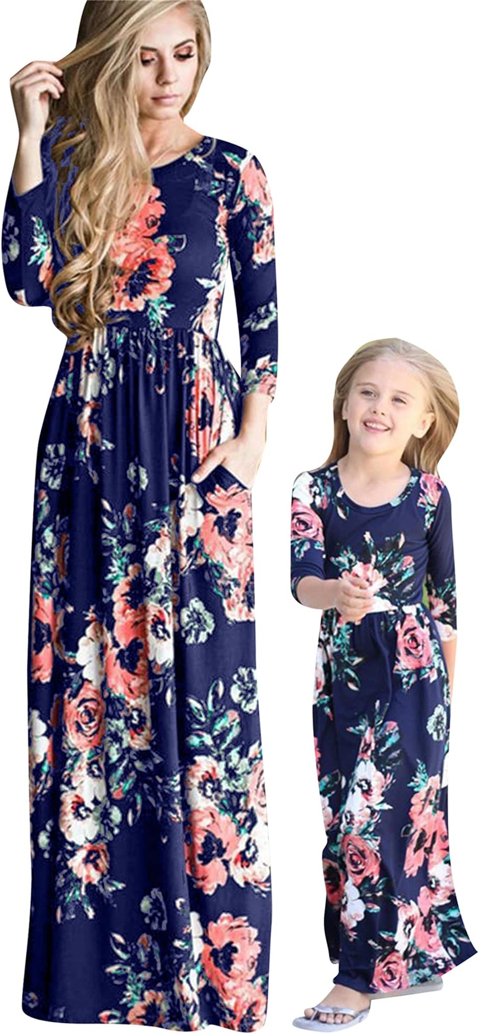 OMZINMother and Daughter Maxi Dress Flower Printed Dresses Long Sleeve Family Party Dress Beach Dress Mother and Girl